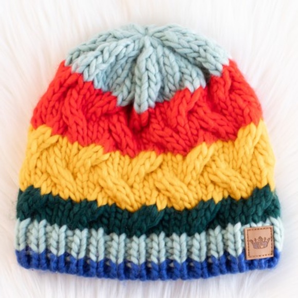 Rainbow Striped Colorful Cable Knit Fleece Lined Beanie Women's Winter Hat - Picture 3 of 3